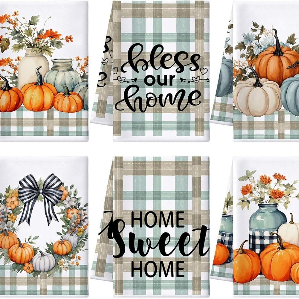 Set of 6 Fall Kitchen Towels Pumpkin Autumn Dish Hand Tea Gnomes Towels for Than